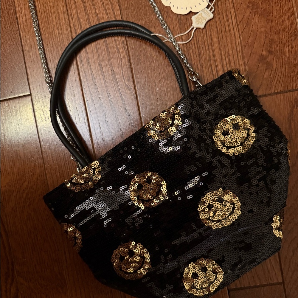 Sequin smile emoji Black and Gold Crossbody/tote Bag with smile face Accents